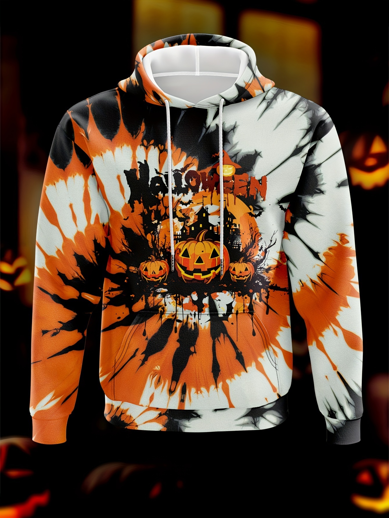 Halloween Pumpkin Graphic Hooded Sweatshirt for Men - Casual Polyester Knit with Elastane, Loose Fit Pullover with Slight Stretch, Digital Print Hoodi