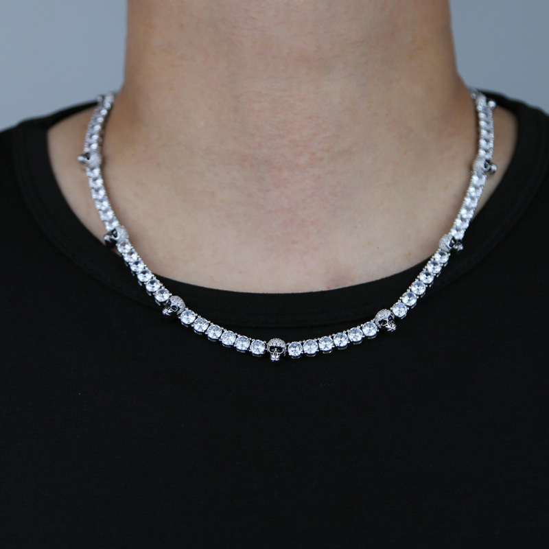 New Fashion 5mm Moissanite dias Tennis Chain with Cool Skull Pendant Long Necklace for Men Women Boy Hip Hop Jewelry Gift