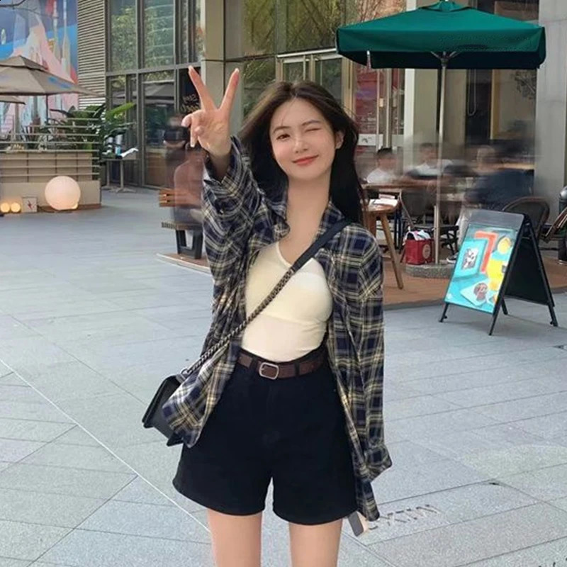 Womens plain weave shirt long sleeved checkered green pink top womens basic fashion clothing 240814