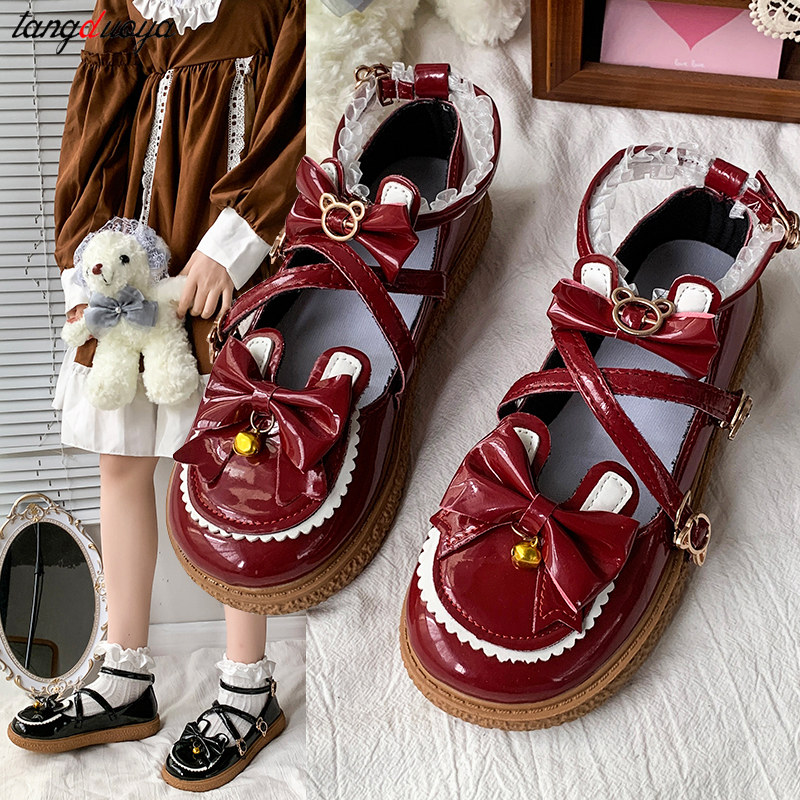 sweet lolita Red black bow Haruku cute JK cosplay women korean kawaii round head mary janes shoes