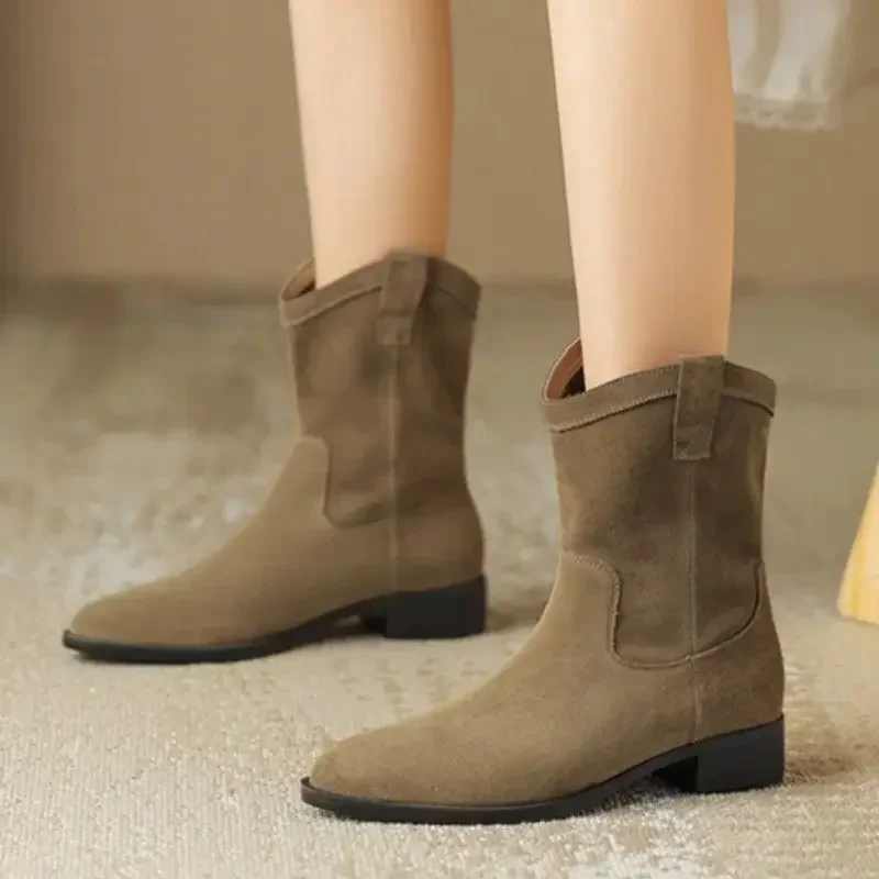 Western Pointy Cowboy Women Chunky Heels Mid-Calf Autumn Winter Fashion Retro Boots Ladies Mid Calf Booties 4578