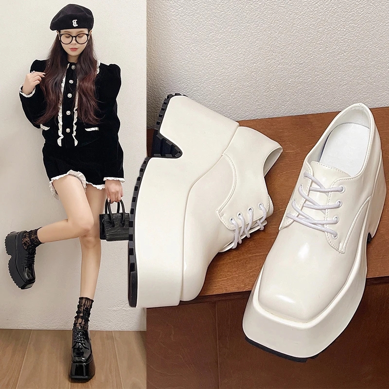 Leather Platform High Heels Haruku Casual Oxford Loafers Thick Bottom Mary Jane Ladies New Lolita Lace-up Shoes Women 0ac7