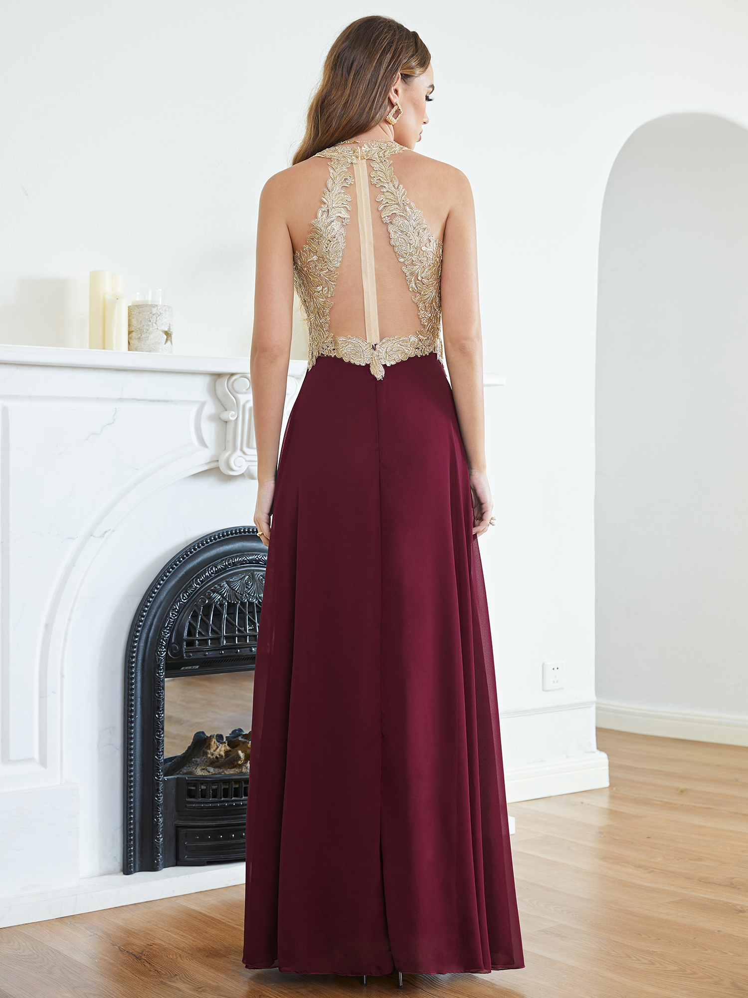 Elegant A E Chiffon Evening Dresses Gold Appliques Top V Neck Sheer Zipper Back Long Prom Party Gowns CPS1452