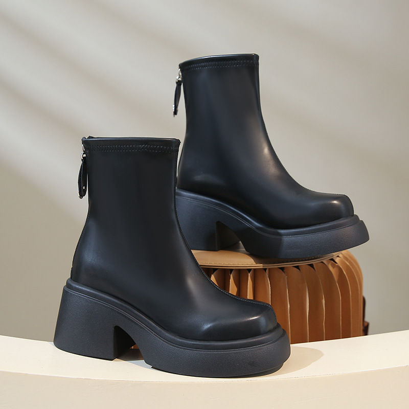 Style British Womens Short Boots Autumn Winter Soft Leather Platform Round Toe Back Zipper Chunky Heels Ankle Boot bfca