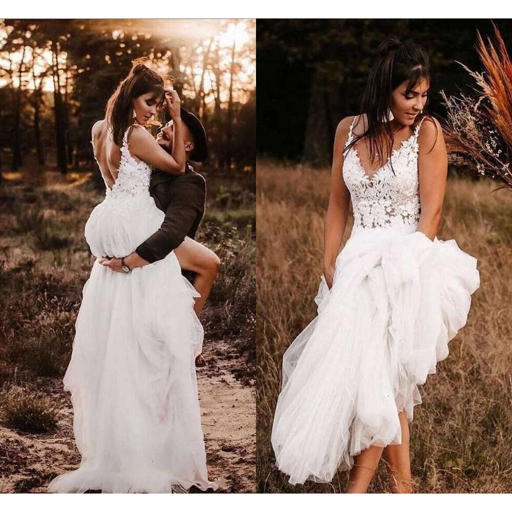 High Boho Low Dresses Tiered Tulle Skirt Spaghetti Straps Lace Applique Plus Size Country Wedding Gown Vestido De Novia 6660306