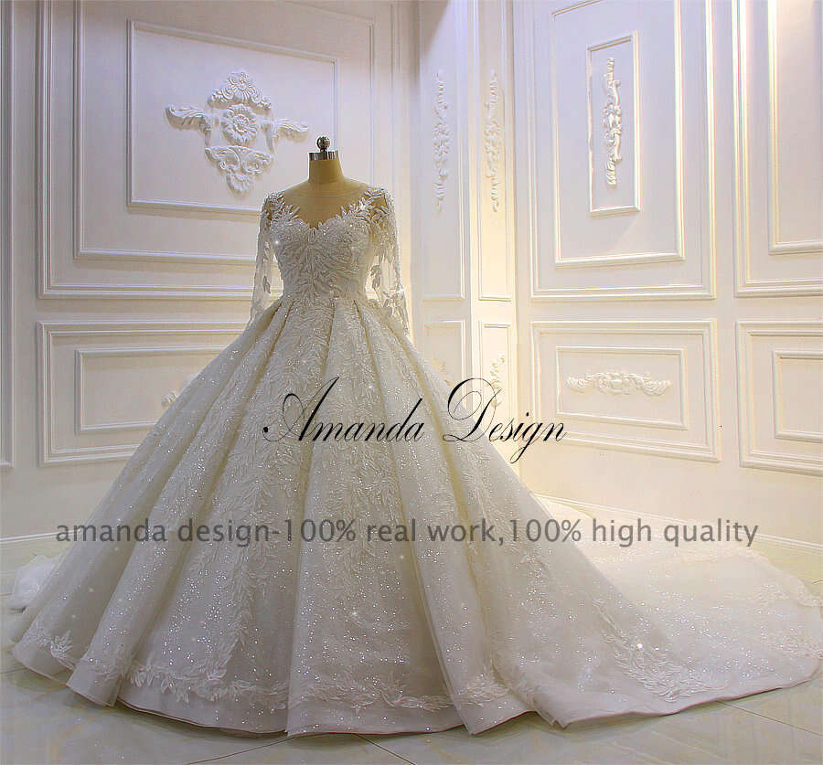 Amanda Design bestidos de novia Long Sleeve Lace Applique Patterns Stunning Ball Gown Wedding Dress