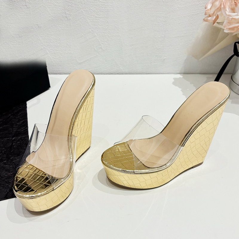 PVC Liyke Transparent Shoes For Women Platform Wedges Slippers Wide Band Round Head Open Toe Gold High Heels Summer Sandals e4fe e58