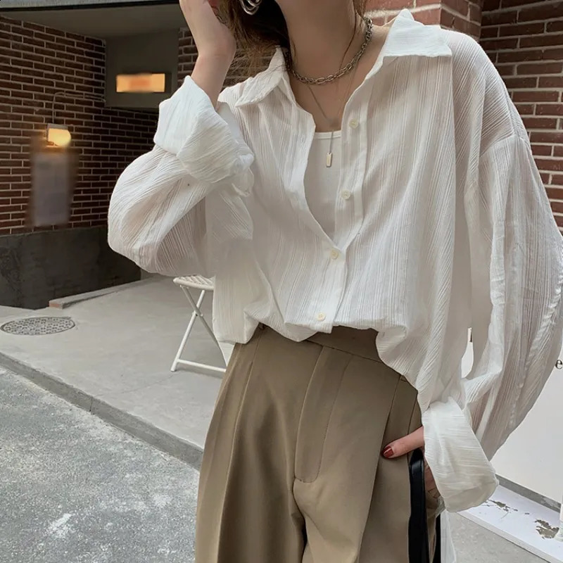 White Sunscreen shirt cool texture long sleeved cardigan summer loose casual lazy style solid color 240814