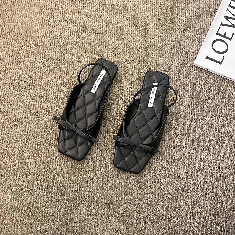 2025 new Women Sandals New Trend Flat Sole Slippers In Summer Black Square Head Comfortable Women's Bowknot Vacation Beach Shoes e5bd 's