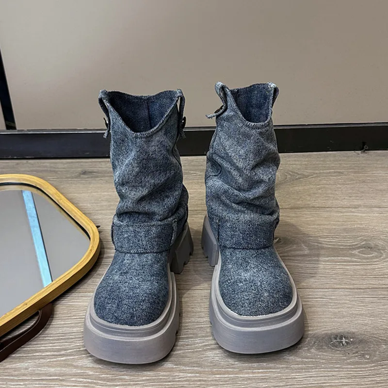 New Denim Breathable Ankle Boots Women 2024 Autumn Chunky Heel Non-slip Platform Boots for Women Fashion Zip Design Biker Boots
