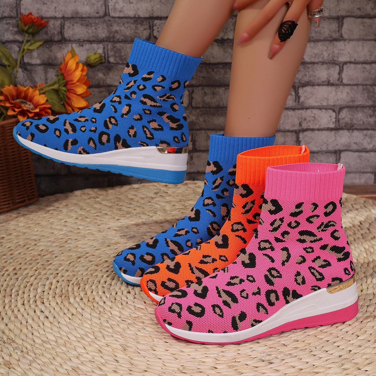 Random Print Ankle Sock 2024 New Winter Women Boots Wedges Shoes Casual Fashion Sexy Chaussures Femme 14aa