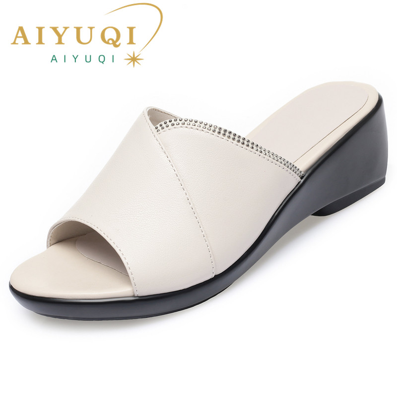 2025 NEW Sandals AIYUQI Genuine Leather Summer New Open toe Shoes Slippers Big size Mom Wedge Women Slides fa