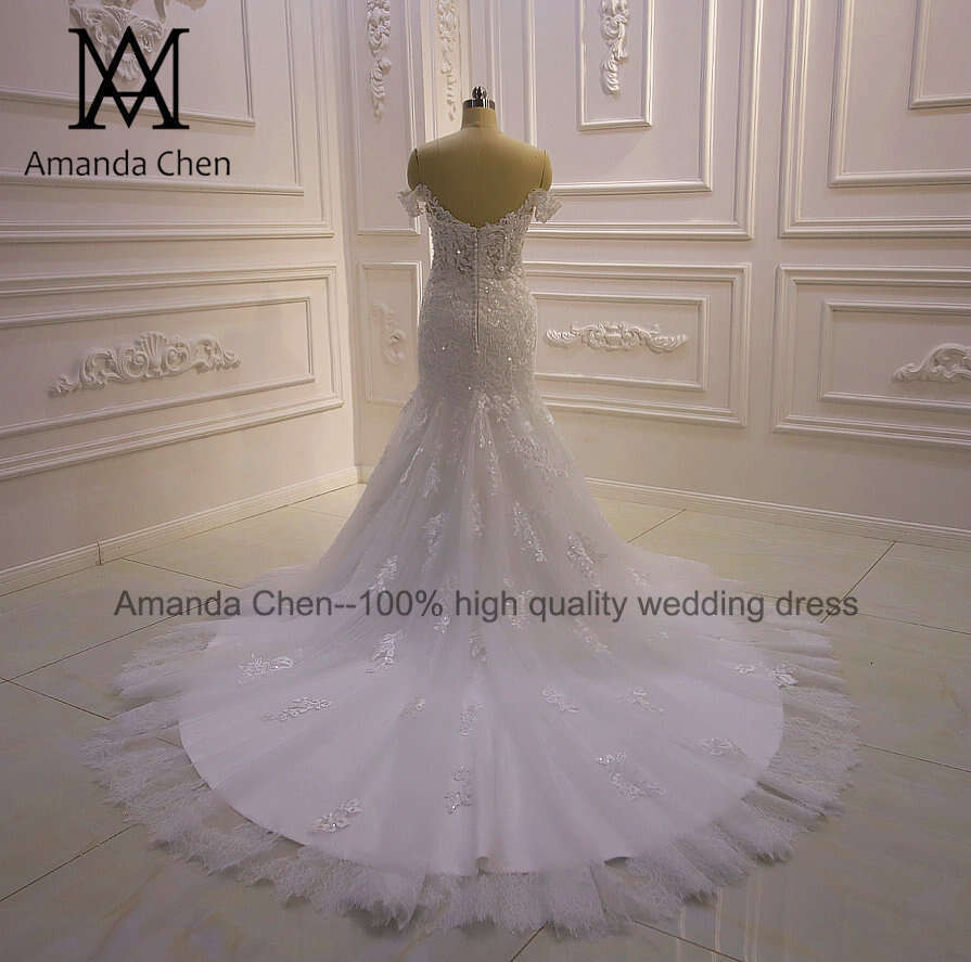 High Quality Custom Made Off Shoulder Mermaid Sheer Wedding Dress