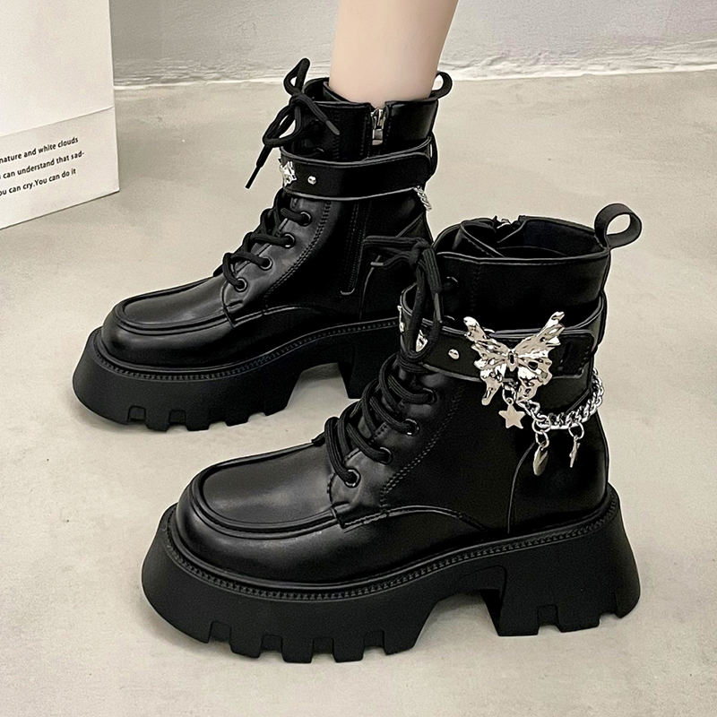 Platform Wedges Gothic Zipper Ankle Women's Metal Thick Heel Motorcycle Boots 2024 Autumn Lace-Up Fashion Booties 6a55 4