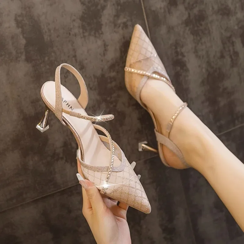 Europe Summer and The United States Wind Mesh High Temperament Half Head Sandals Women Stiletto Heels df30 Sals