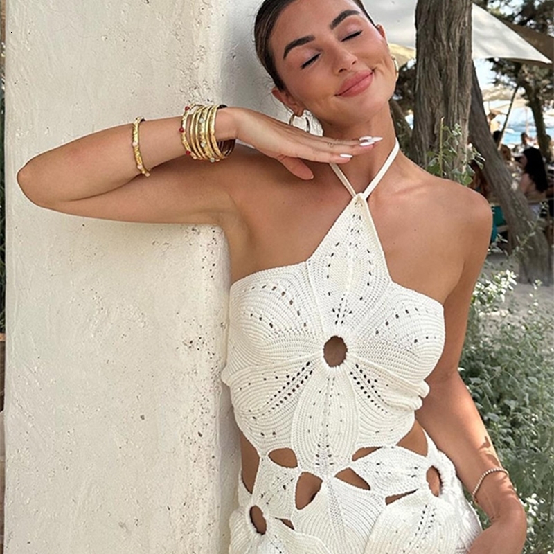 3D Flower Knitted Mini Dresses For Women Backless Hollow Out Lace Up Short Dress Fashion Slim Chic Beach Female 240903