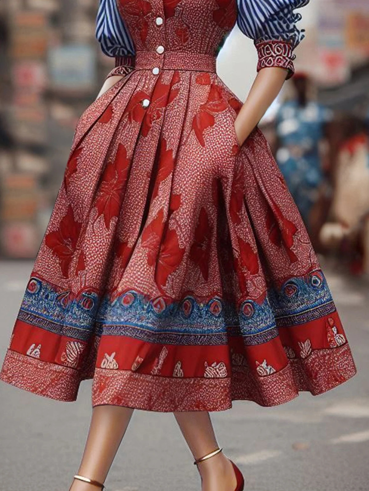 Elegant womens dress with striped floral patches work transition collar shirt mid waist evening dress womens midi dress 240904