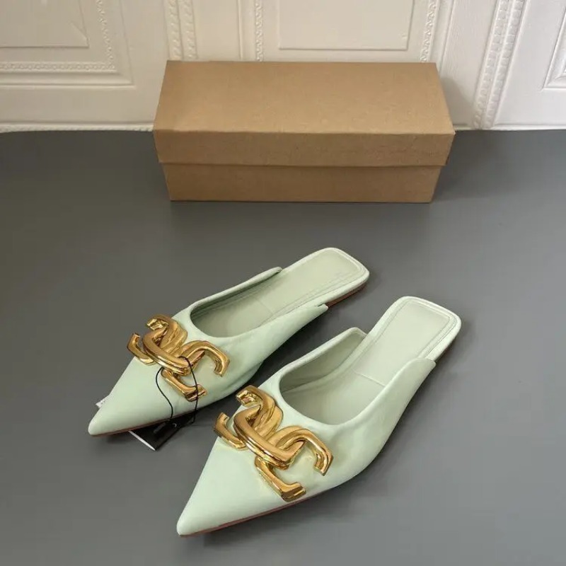 Summer Mules Women slippers Shoes Fashion Metal Chain Flats Pointed Toe Women's Slippers Ladies Casual Shoes Outside Slides