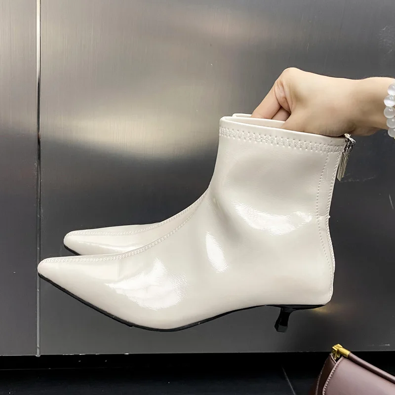 Eilyken New Design Patent Leather Pointed Toe Women Ankle Boot Autumn Winter Zipper Thin Low Heels Wedding Party Shoes d239