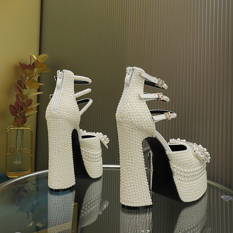 Handmade Pearls Full Rhies Bowknot Women Pumps Fashion Ankle Strap Platform Wedges High heels Banquet Wedding Shoes 544a 35f4