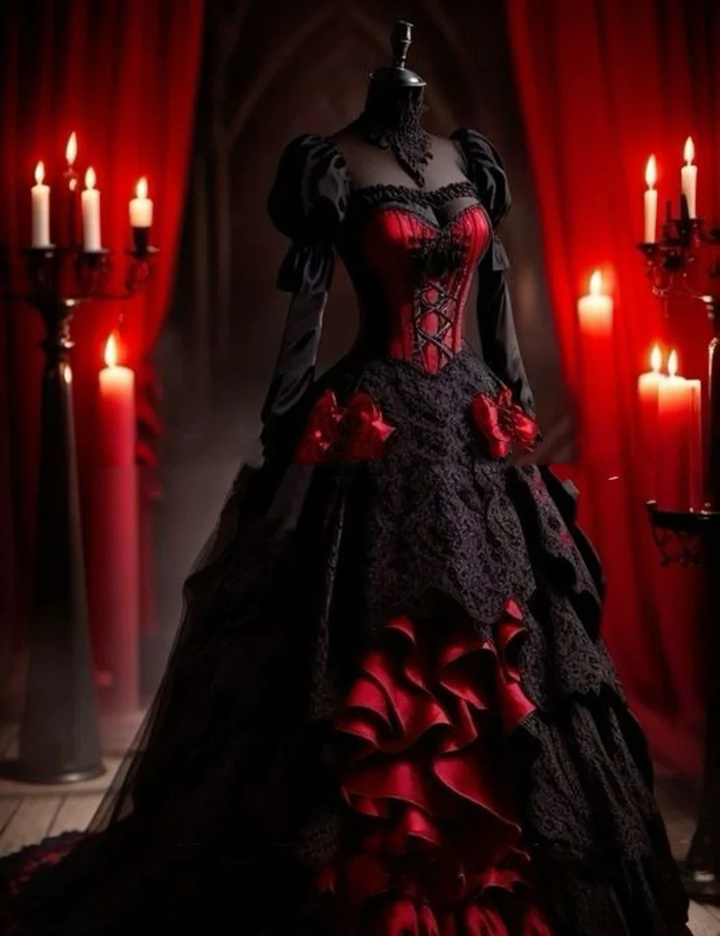 Gothic Black And Red Evening Dresses Long Sleeves Lace And Satin Tiered A Line Medieval Prom Dress For Women 2025 Ruffles High Neck Corset Masquerade 