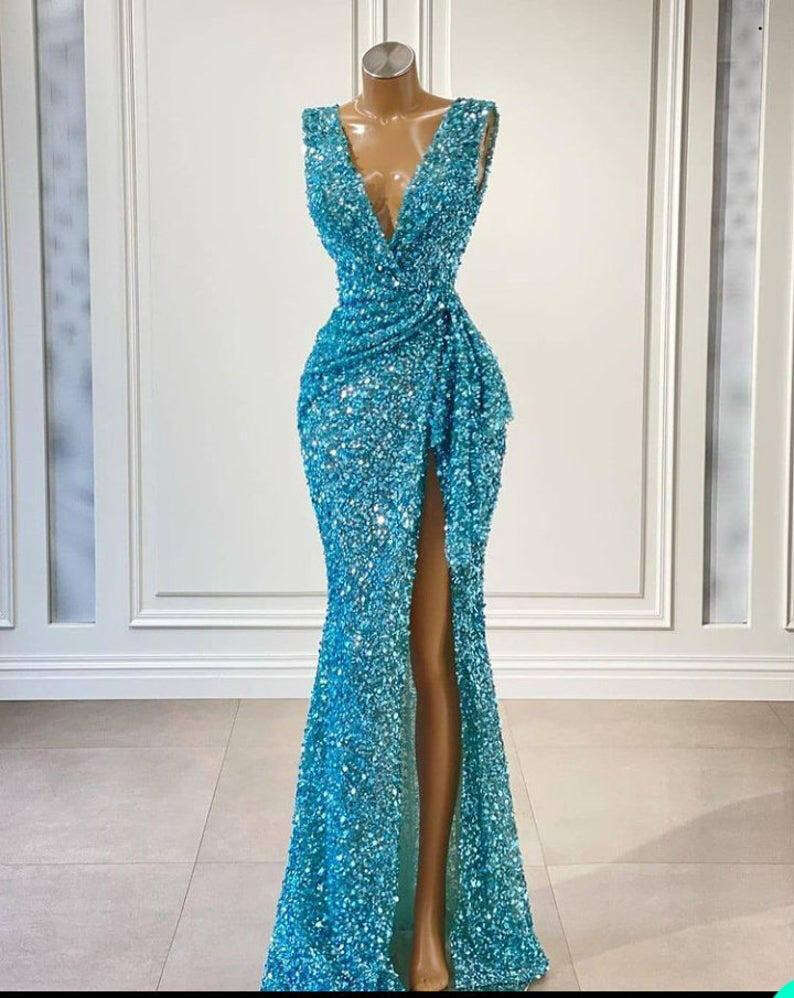 Mermaid Sexy Prom Dresses Arabic Turquoise Sequined Lace Deep V Neck Ruffles Sequins High Side Split Or Length Evening Party Gowns Special Ocn Wears 6