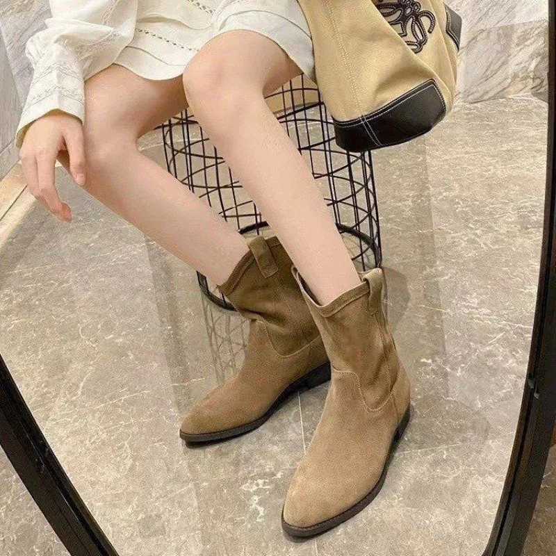 Western Pointy Cowboy Women Chunky Heels Mid-Calf Autumn Winter Fashion Retro Boots Ladies Mid Calf Booties 4578
