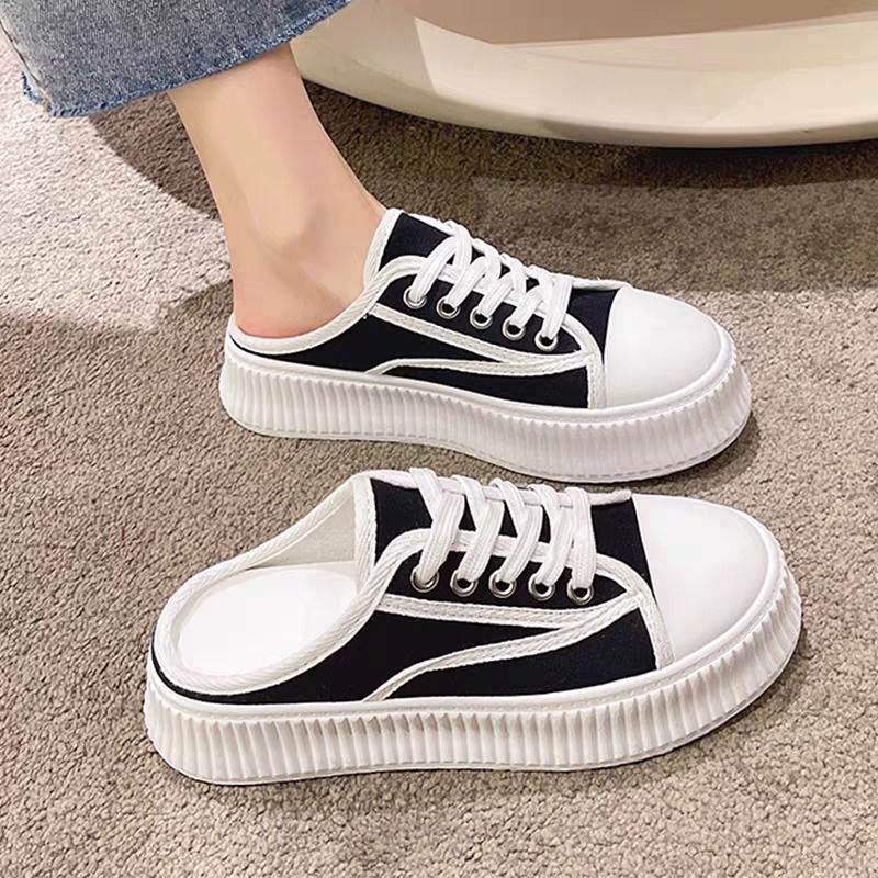 Spring Canvas Autumn New Heelless Fashion Casual Women Vulcanized Thick Sole Half Slippers 5e15