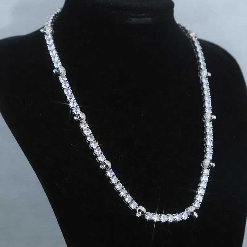 New Fashion 5mm Moissanite dias Tennis Chain with Cool Skull Pendant Long Necklace for Men Women Boy Hip Hop Jewelry Gift