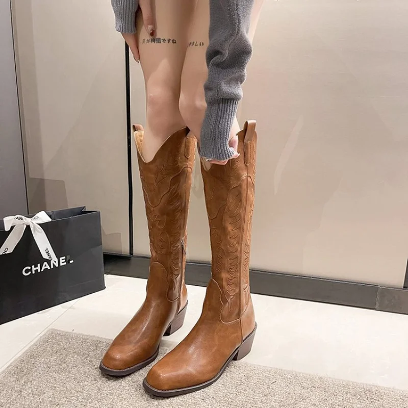 Chunky Western Women Cowboy Vintage Square-toed Sexy Trend Shoes Winter Designer Long Boots Knee High Heels Boot 5821