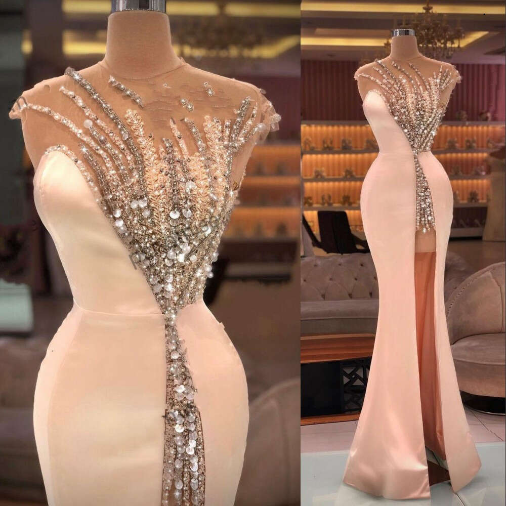 Sexy Mermaid Pink Prom Dresses Cap Sleeves Illusion Crystal Beading Or Length Side Split Evening Party Gowns Special Ocn Wears 6660306