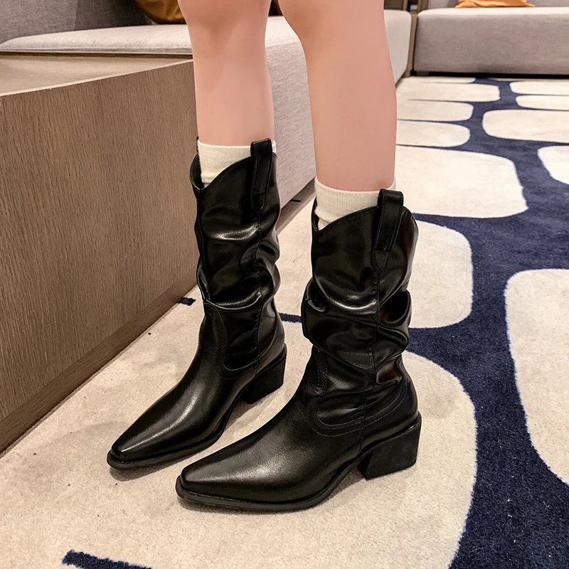 High Heels Mid Calf Pleated for Women Autumn Winter Brown Pu Leather Western Boots Woman Thick Heeled Cowgirl Botas Mujer