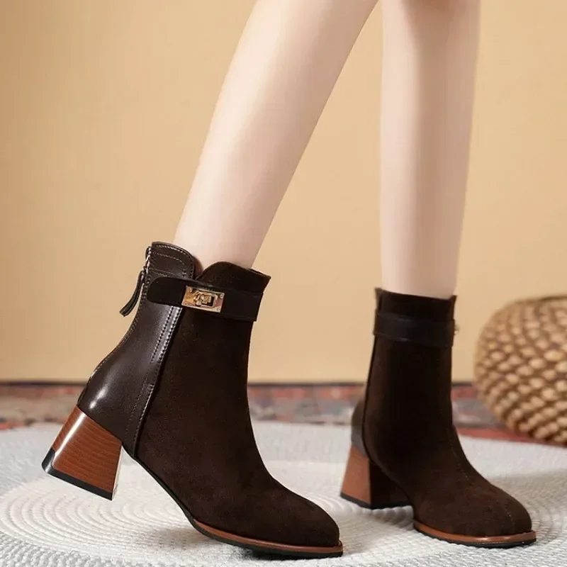 2024 Shoes Sheep Suede Short Boots Square Toe Chunky Heel for Winter Mature Women Solid