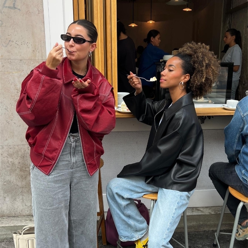 Vintage Pu Leather Laceup Short Jacket For Women Fashion Lapel Long Sleeves Irregular Coat 2024 Ladies Office Commute Outwear 240903