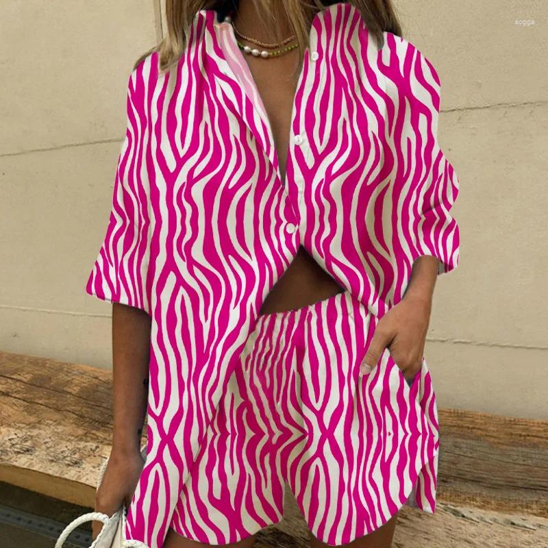 Womens Tracksuits 2024 Summer Camisa Informal Bohemia Para Vacaciones En La Playa Conjuntos De 2 Piezas Mujer Traje Holgado Con Estampado
