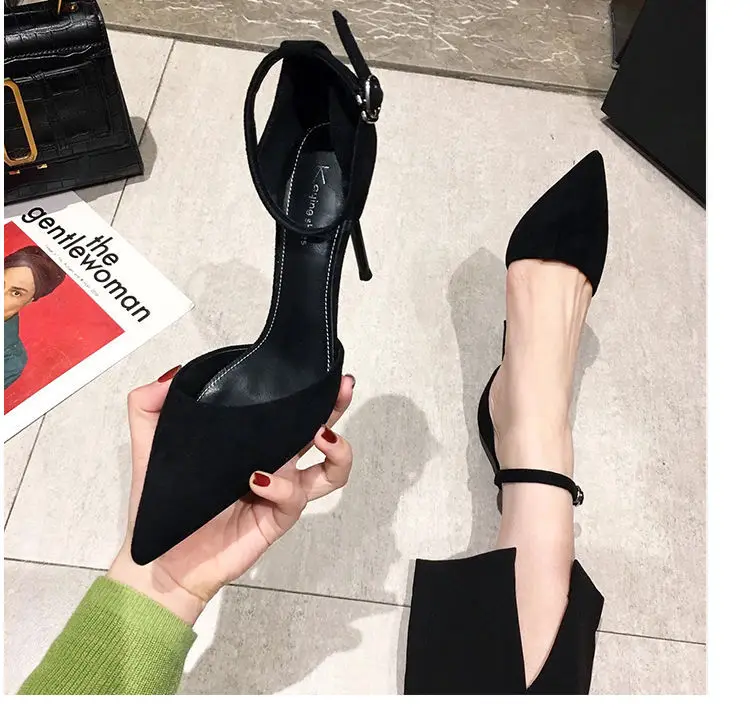 and Spring Autumn High New Versatile Thin Heel Professional L Pointed Black Buckle Strap Single Shoe Women e5bc