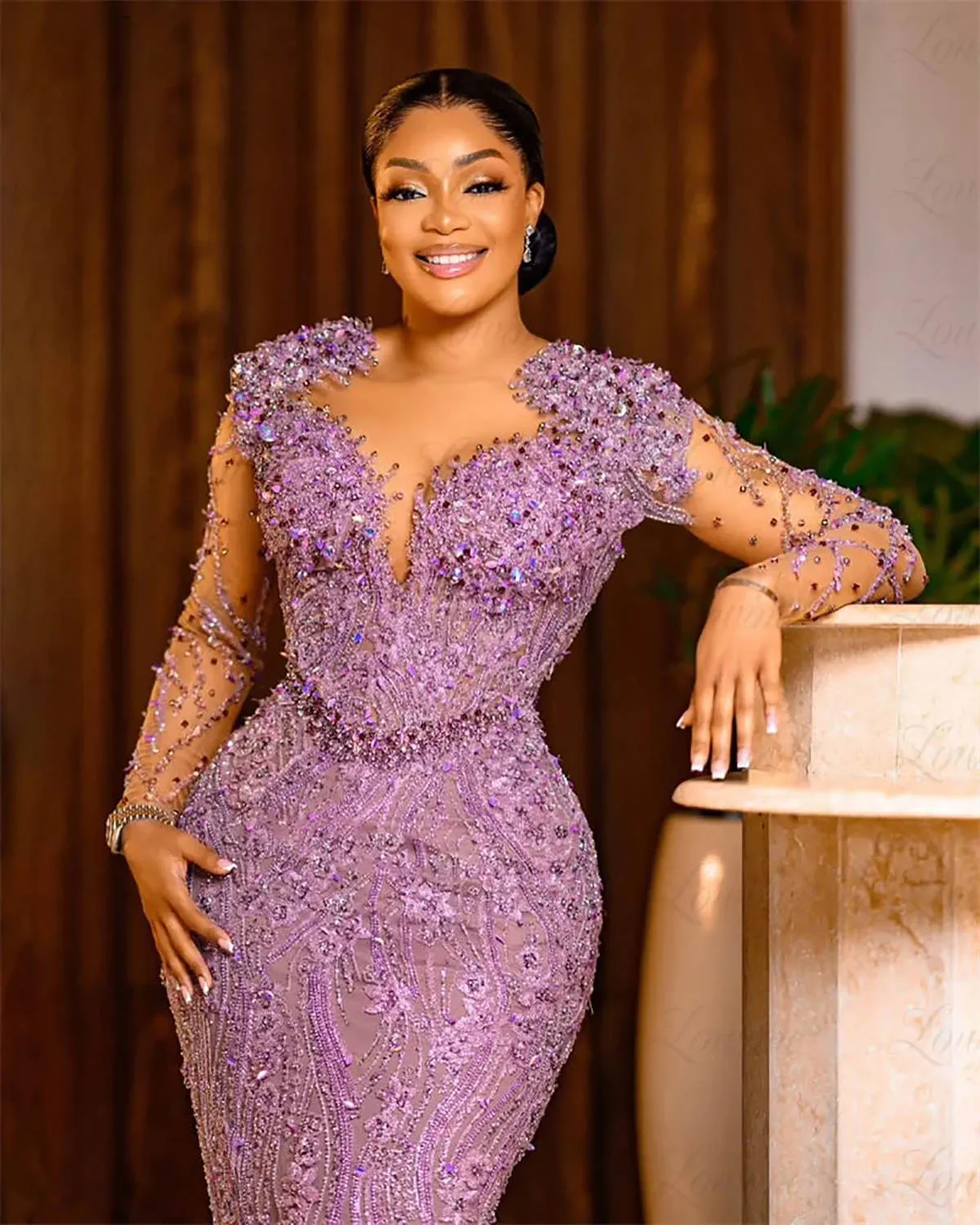 2024 Lanvender Plus Size Prom Dresses For Special Ocns Promdress Sheer Neck Long Sleeves Beaded Lace Birthday Party Dress Second Reception Gowns Am158