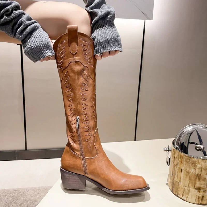 Chunky Western Women Cowboy Vintage Square-toed Sexy Trend Shoes Winter Designer Long Boots Knee High Heels Boot 5821