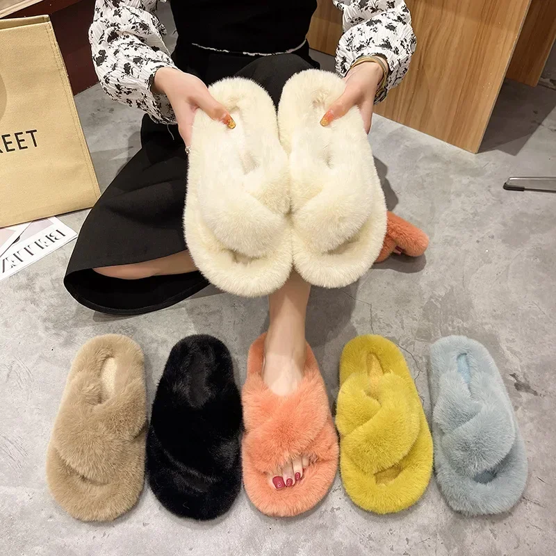 Women's Plush Slippers Wear Korean Version of Autumn/winter 2024 Home Comfort Warm Cotton Slippers Flat Shoes Slippers