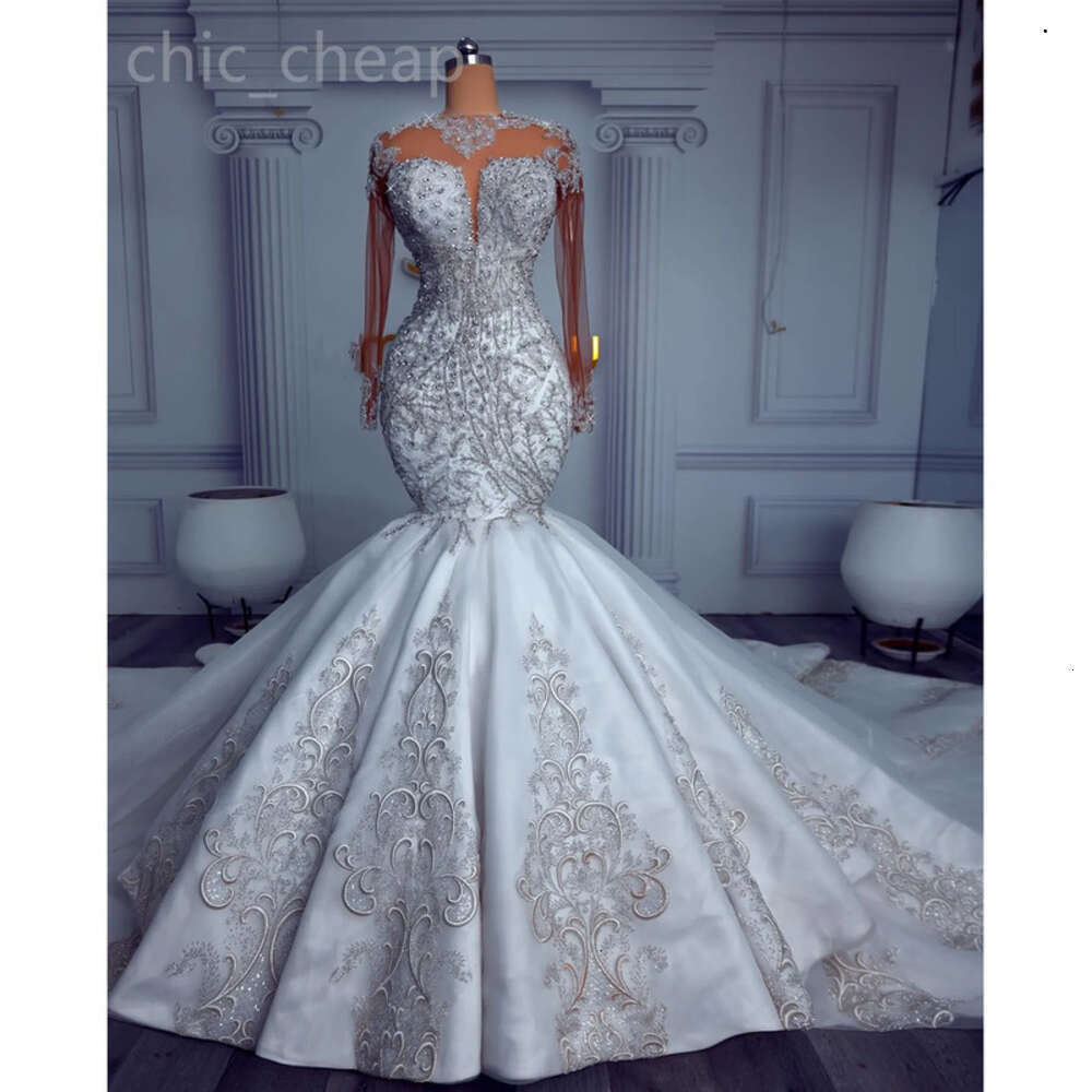 Plus Ebi Arabic Aso Size Ivory Mermaid Wedding Dress Beaded Crystals Lace Sheer Neck Bridal Gowns Dresses ZJ Es 6660306
