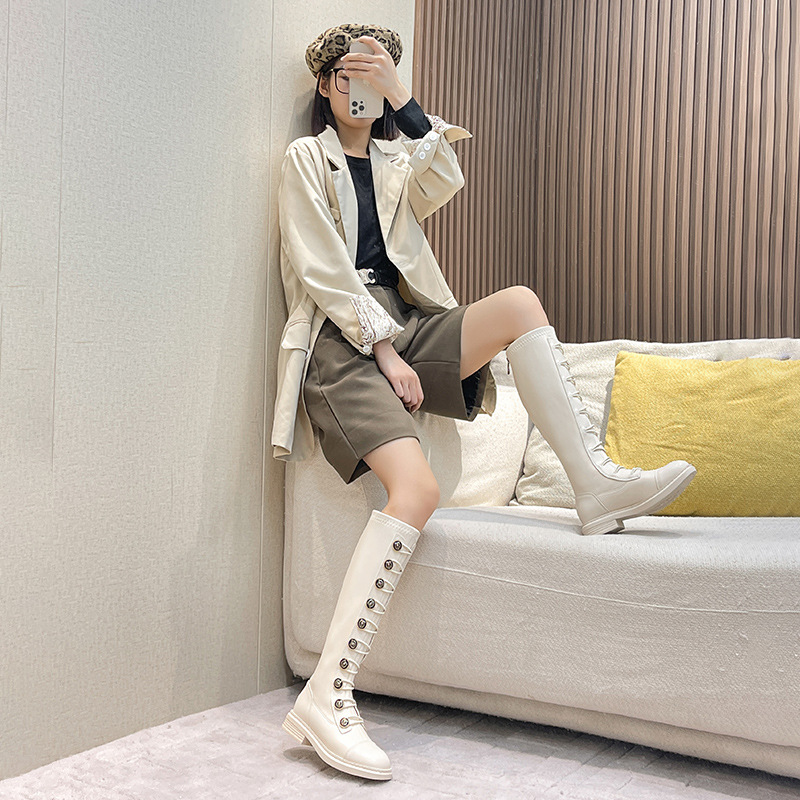 2025 Winter Stovepipe Long Boots Woman Knee High Motorcycle Shoes Lady Medal Button Stretch Tied Patchwork Leath 7f4e