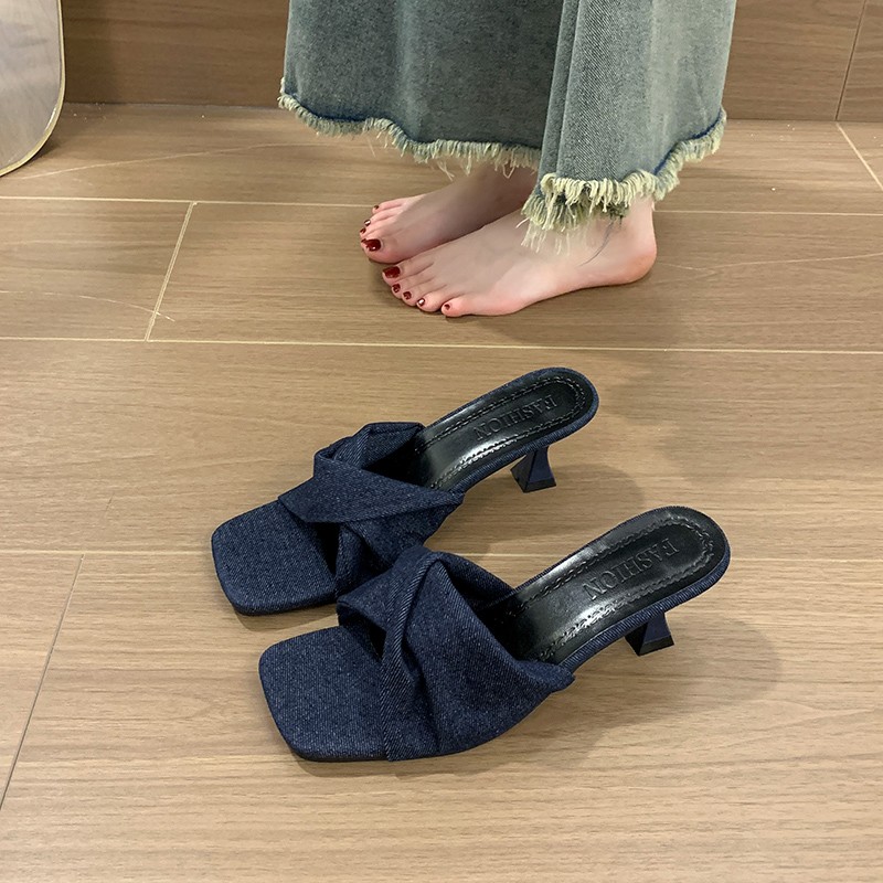 Fashion Summer Denim Women Slippers New Sexy Pointed Toe Thin Heels Female Slides Slip On Party Dress Mules Shoes Quality S12 Fb41