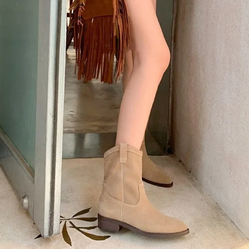 Western Pointy Cowboy Women Chunky Heels Mid-Calf Autumn Winter Fashion Retro Boots Ladies Mid Calf Booties 4578