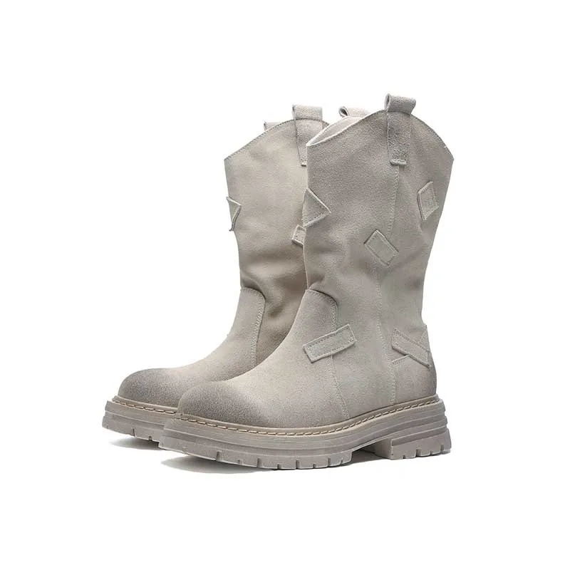 Western Women Retro Cowboy Boots Autumn New Mid-calf Round Toe Shoes Outdoor Non-slips Designer Botas Ankle Flats Muje