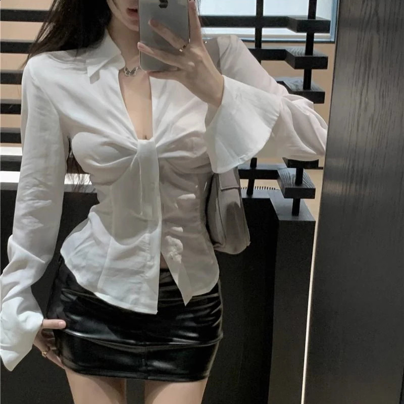 Womens elegant white shirt summer sexy Vneck pleated fashion crop top Korean streetwear long sleeved 240814