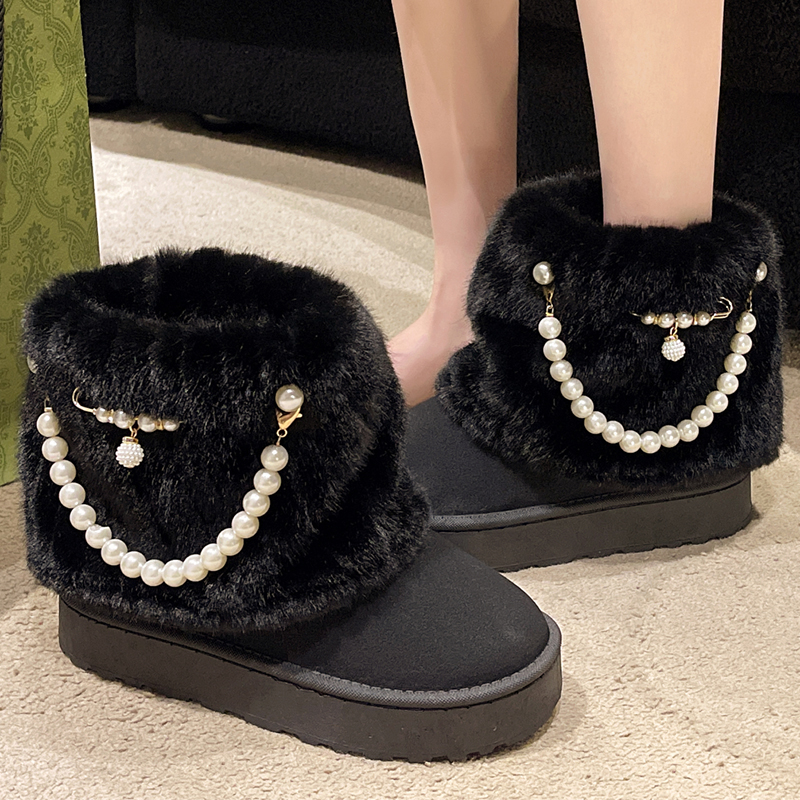 New Winter String Bead Plush Women's Warm Stylish Thick Platform Slip On Boots Faux Fur Plus Size 43 Ankle Botas Shoes 8d38