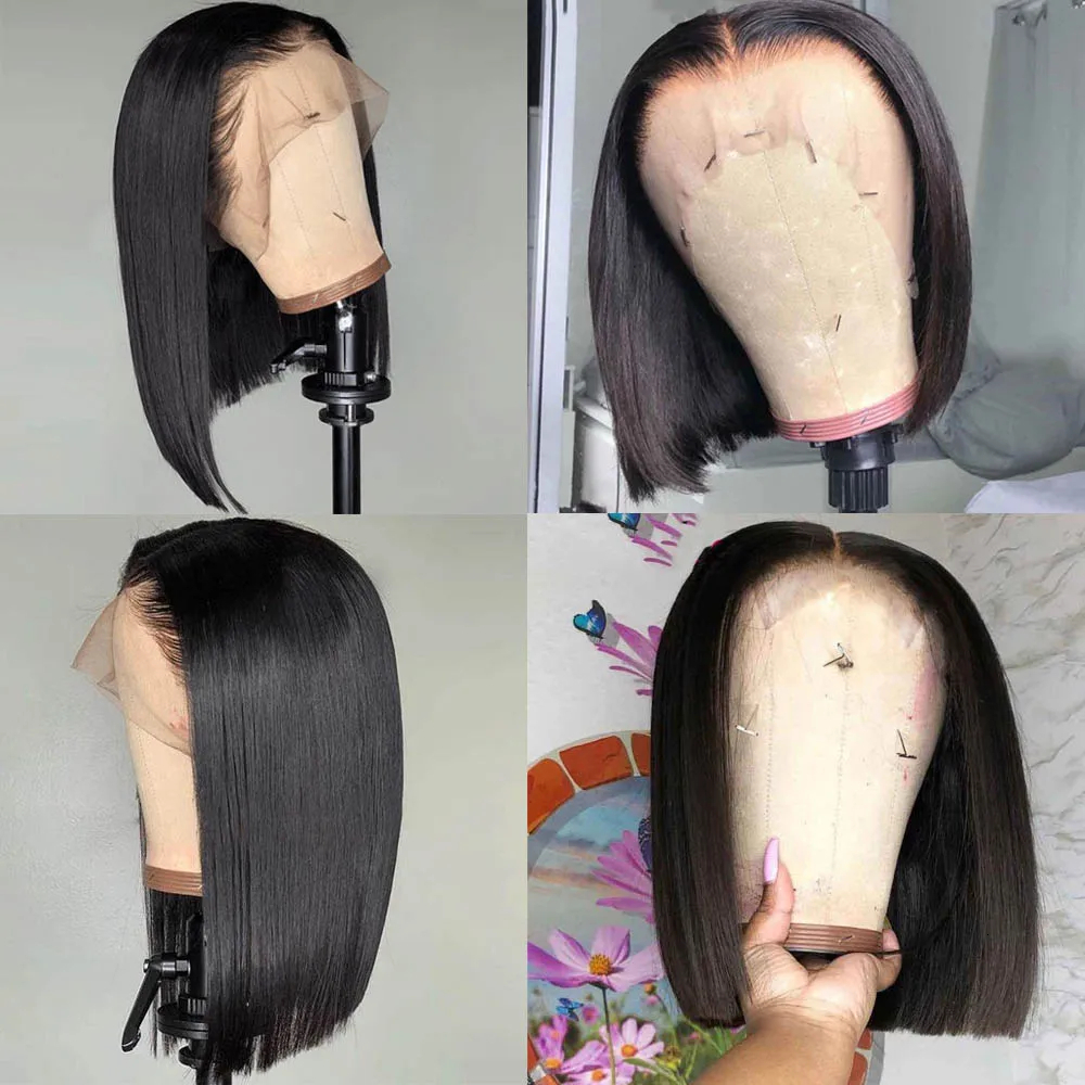 Natural Black 1B Super Double Drawn 13X4 Transparent Raw Vieamese Hair Lace Wig Bone Straight Bob Wigs 180 Density