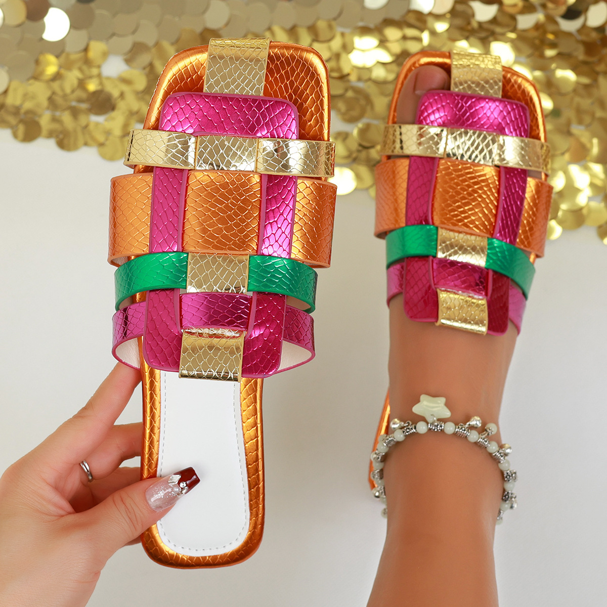 Women's Slippers Colorful Woven Slide Flat Summer Slides Women New Flats Sandals Flip ps Mules Colored Shoes Mujer Beach 115c s