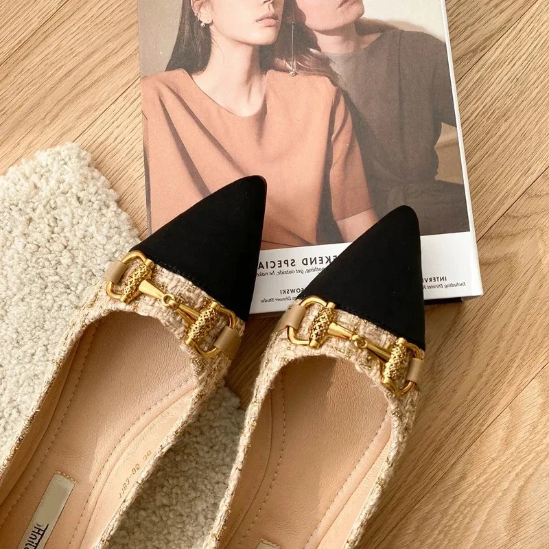 Spring and Autumn New Pointed Toe Single Shoes Shallow Mouth Slip-on Flats Metal Decoration Low-heeled Women's Shoes