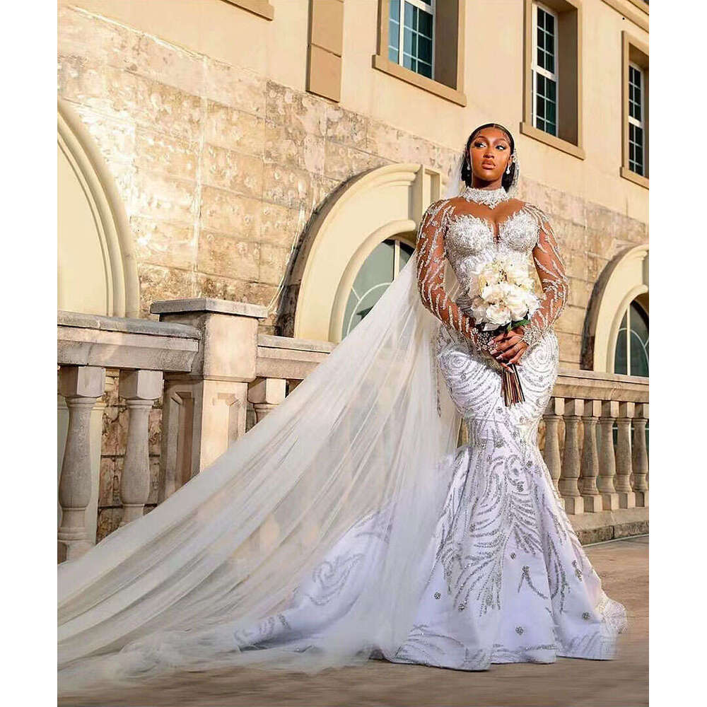 Mermaid Wedding Crystal Dress Llusion High Neck Long Sleeve Plus Size Bridal Gowns Beads Bride Dresses Robes De Mariee Es